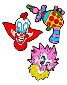 three clowns with different colors and designs on them