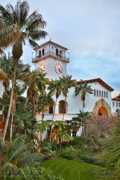 a large white building surrounded by palm trees and other greenery on a cloudy day