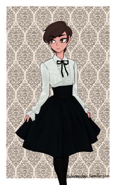 a drawing of a woman wearing a dress and black tights with her hands on her hips