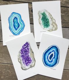 four cards with different types of rocks on them, one is blue and the other is purple