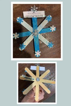 an ornament made out of popsicle sticks and snowflakes