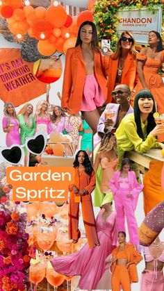 an orange and pink collage with the words garden spiritz written in bold colors