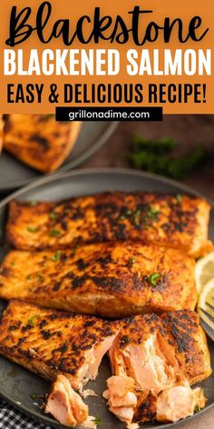 grilled salmon on a plate with lemon wedges