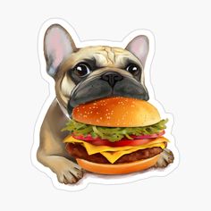 a dog with a big hamburger in his mouth sticker on a white background,