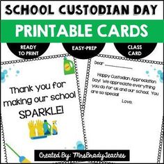 two printable cards with the words, school custoian day and an image of cleaning