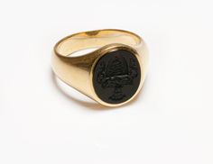 Antique Crest Mens Ring Onyx Heirloom Black Enamel Signet Ring For Formal Occasions, Formal Heirloom Signet Ring With Black Enamel, Formal Gold Onyx Signet Ring, Formal Gold Signet Ring With Onyx, Gold Onyx Signet Ring For Formal Occasions, Yellow Gold Onyx Signet Ring With Black Enamel, Genuine Love, Ring Antique, Mens Ring