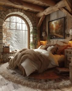 a rustic bedroom with stone walls and arched windows is decorated in natural wood, fur and white bedding