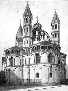 an old drawing of a church with two steeples on the top and one at the bottom