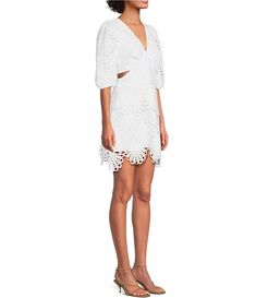 Adelyn Rae Lace V Neckline 3/4 Sleeve Cut Out Tiered Mini Dress | Dillard's Lace Dress With 3/4 Sleeves And Lace Trim, Spring Lace Dress With 3/4 Sleeves, Fitted Half Sleeve Lace Dress For Spring, Spring Half-sleeve Fitted Lace Dress, Spring Lace Dresses With Half Sleeves, Spring Lace Dress With Half Sleeves, Spring Half-sleeve Lace Dresses, Spring Mini Dress With Scalloped Lace And Short Sleeves, Spring Fitted Lace Dress With Cutwork Hem