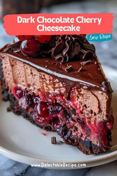 a slice of chocolate cherry cheesecake on a plate