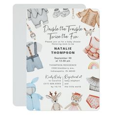 a baby shower is shown with clothes and shoes on the card, which reads double the trouble twice the fun