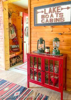 there is a red cabinet in the room