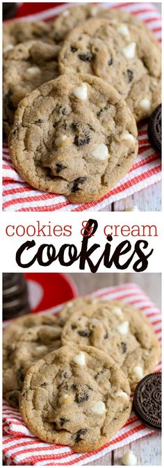 cookies and cream cookies on a red and white checkered towel with oreo cookies in the background