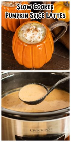 slow cooker pumpkin spice latte recipe in the crock pot with text overlay