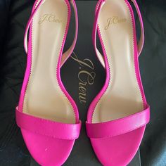 Nib J. Crew Leather Simple Slingback Sandal 9m Neon Flamingo Pink Pink Slingback Pumps With Branded Heel Counter, Chic Slingback Sandals With Open Heel And Branded Insole, Chic Pink Slingback Sandals With Heel Strap, Elegant Pink Slingback Sandals With Block Heel, Pink Ankle Strap Slingback Sandals For Formal Occasions, Elegant Pink Block Heel Slingback Sandals, Chic Pink Slingback Sandals For Evening, Elegant Pink Open Toe Slingback Sandals, Pink High Heel Slingback Sandals With Removable Insole