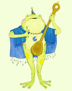 a drawing of a frog holding a wooden instrument