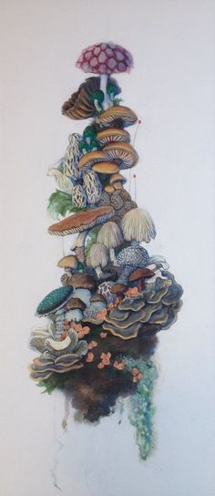 a painting of mushrooms and other things on a white wall