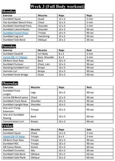 the week 3 full body workout plan is shown in black and white, with numbers on each