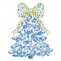 a blue and white christmas tree with bows on it's top, in front of a white background