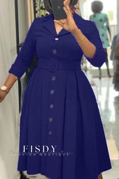 Fisdy - Purple Sophisticated Patchwork Button-Down A-line Dress with Belt Red A Line Dress, Elegant Pattern, Style Upgrade, Pleated Midi Dress, Turndown Collar, Vacation Dresses, Patchwork Designs, Navy Blue Dresses, Waist Dress