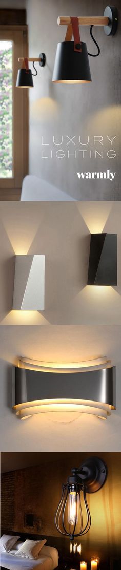 three different lighting fixtures are shown in this image, and there is also a lamp on the wall