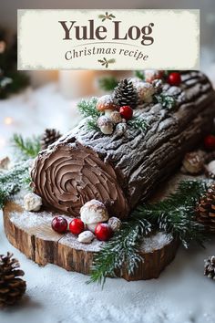 a log cake with frosting and pine cones on it, surrounded by christmas decorations