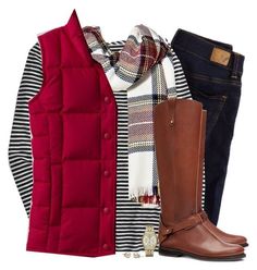 "Red down vest, tartan scarf & striped top" by steffiestaffie ❤ liked on Polyvore featuring American Eagle Outfitters, J.Crew, Merona, Lands' End, Tory Burch and Michael Kors Red Vest Outfit, Outfit With Boots, Vest Outfit, Tartan Scarf, Red Vest, Down Vest, Western Outfits