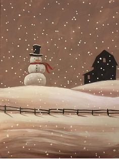 a painting of a snowman in the middle of a snowy field with two barns