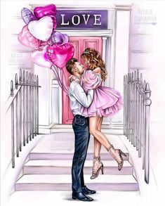 a couple kissing in front of a pink door with heart shaped balloons attached to it