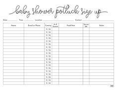 baby shower potluck sign up sheet