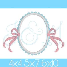 an oval frame with pink ribbon and bow on the edge is shown in front of a light blue background