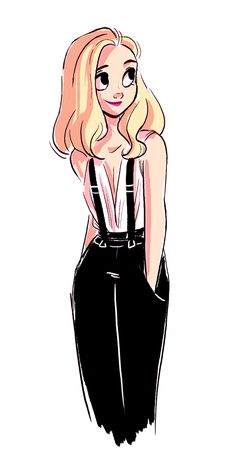 a drawing of a woman with blonde hair and black overalls, standing in front of a white background