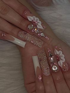 24pcs Long Coffin White Flower French Style Rhinestone Decor Fake Nail Set For | eBay Ongles Bling Bling, Quinceanera Nails, Long Nail Designs, Girly Acrylic Nails, Really Cute Nails, K Fashion, Long Square Acrylic Nails, Unique Acrylic Nails, Bling Acrylic Nails