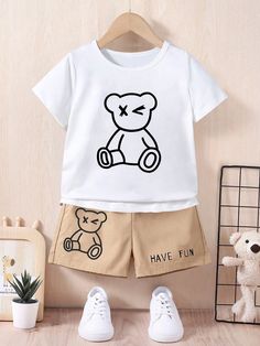 Young Boy Cartoon Bear Print T-Shirt And Shorts 2pcs Summer Outfit White Casual    Animal,Cartoon,Letter  Slight Stretch  Young Boys Clothing, size features are:Bust: ,Length: ,Sleeve Length: White Character Print Summer Sets, White Character Print Sets For Summer, Casual Short Sleeve Sets With Character Print, Cute Summer Sets With Crew Neck, Playful Character Print Crew Neck Sets, Casual Sets With Character Print And Short Sleeves, White Short Sleeve Sets With Character Print, Cute Short Sleeve Sets With Graphic Print, Trendy Cotton Sets With Cartoon Print