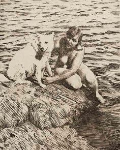 a drawing of a woman and a dog sitting on rocks in the water with their backs to each other