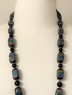 "Gorgeous Multi Color Resin Beads Long Necklace Very good condition it measures 30\" The pictures are part of the description so please look at all the pictures and if you have any question please feel to ask before bidding! Make sure you check out my other vintage items!" Glass Necklace With Black Round Beads, Long Necklace With Black Round Beads For Gift, Long Necklace With Round Black Beads As Gift, Long Necklace With Black Beads As Gift, Single Strand Beads For Costume Jewelry Making, Beads Long Necklace, Color Resin, Mother Of Pearl Necklace, Wood Necklace