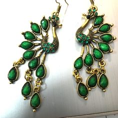 These Are Almost 2 Inches Long, So Pretty, Silver Tone Green Peacock Design Jewelry Gift, Metal Jewelry With Peacock Design For Party, Party Jewelry With Peacock Design In Metal, Elegant Metal Jewelry With Peacock Design, Green Peacock Design Jewelry For Party, Jewelry Emerald, Peacock Earrings, Ar Accessories, Walker Boots