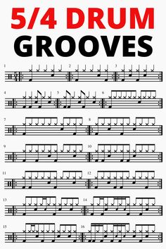 the 5 / 4 drum grooes are arranged in red and black on white