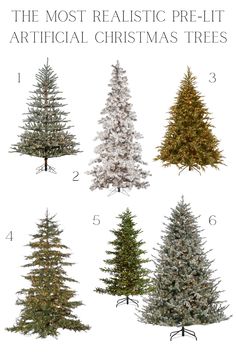 various types of christmas trees in different colors and sizes, with the words farmhouse style on them