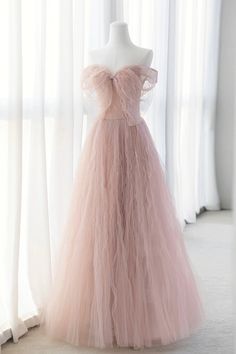 Pink Tulle Long A-Line Prom Dresses For Black girls For Women Pink Evening Dresses, Dresses With Bow, Prom Dress Pink, Prom Dresses Pink, Pink Tulle Dress, Pink Evening Dress, Chic Gowns, Pink Prom Dress, A Line Prom Dresses