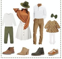 an assortment of clothes and shoes for men, women and children to wear in the fall or winter