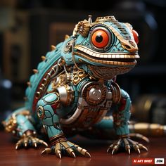 a blue and gold lizard figurine sitting on top of a wooden table next to a computer mouse