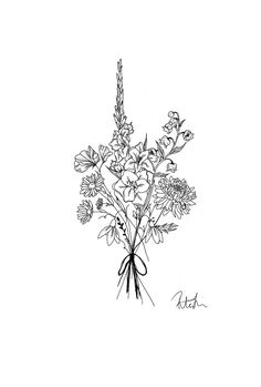 a black and white drawing of flowers in a vase