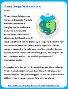 This worksheet is for Grade 2 students on a reading comprehension.  It may look big and hard.  So, if you want you can use it for higher grades too.Please download the PDF Climate Change – Reading Comprehension Grade 2 Science Reading Comprehension, 2nd Grade Reading Comprehension, Weather Vocabulary, Reading For Beginners, Extreme Weather Events, Homeschool Worksheets, 2nd Grade Worksheets, English Reading