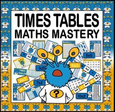 a book cover for times tables maths mystery with an image of a blue monster surrounded by numbers