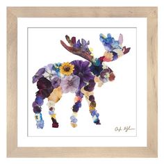 a moose with flowers on it's antlers and the words, mildred