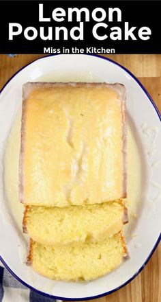 lemon pound cake on a white plate with text overlay