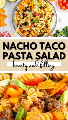 nacho taco pasta salad with tomatoes, avocado and other ingredients in the background