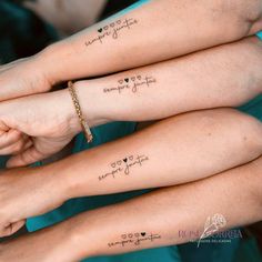 three people with matching tattoos on their arms and legs, one has the words together