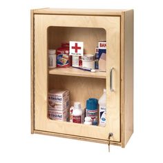 the medicine cabinet is made from plywood and has two compartments for medical care items